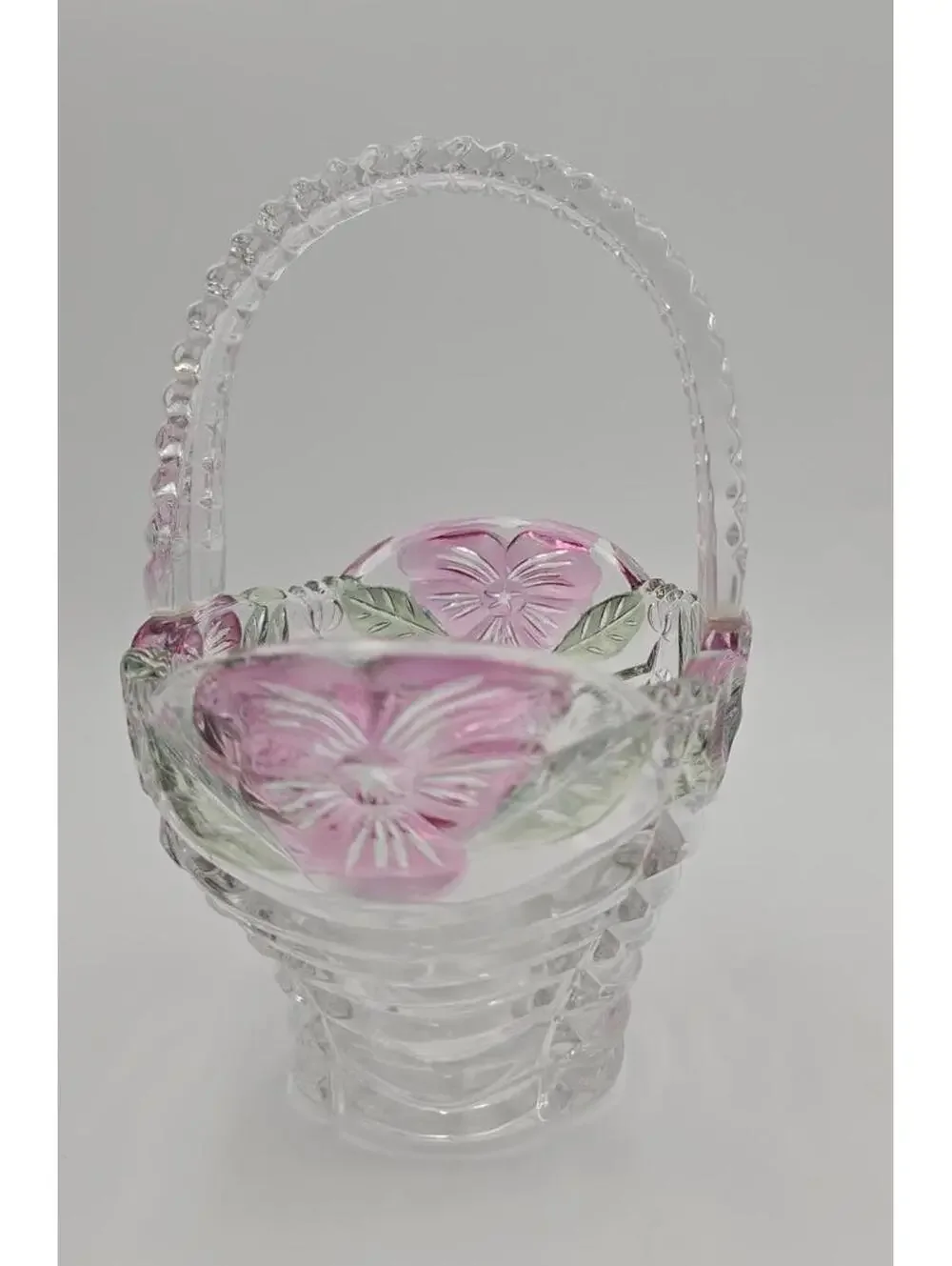 Vintage Handcrafted Anna Hutte Bleikristall Crystal Basket Pink Pressed Flowers